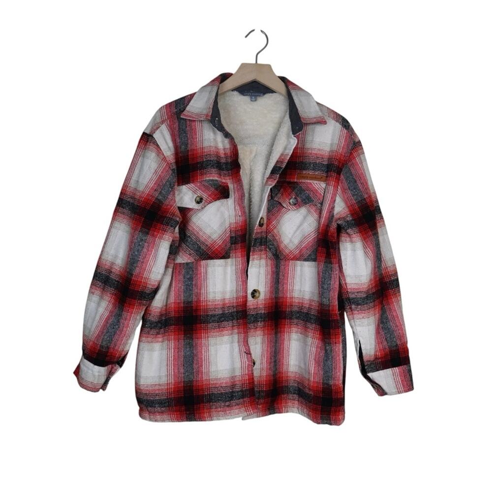 Simply Southern Women's S Red Plaid Sherpa Shacket Jacket
